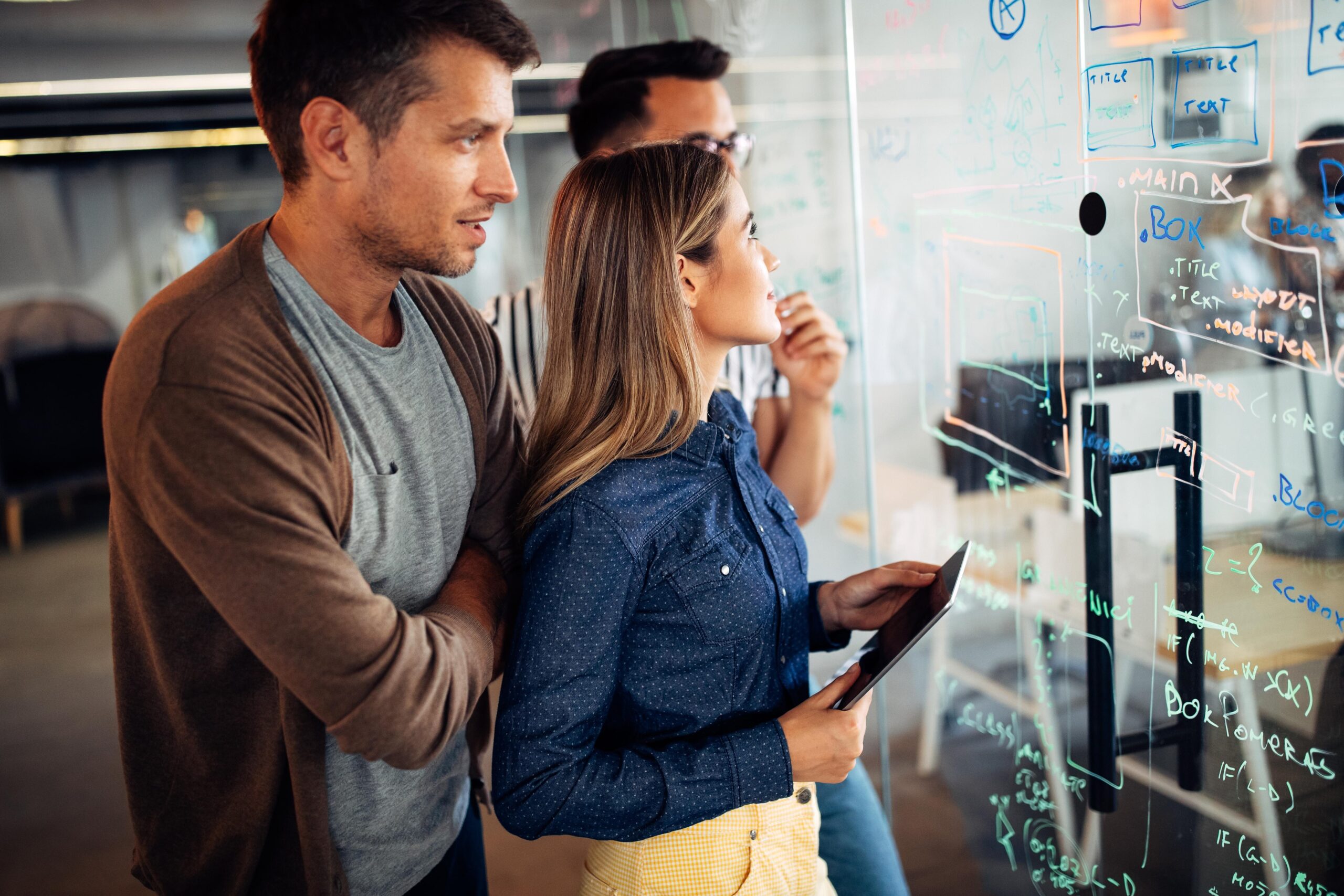 Company employees working in software development and designer office